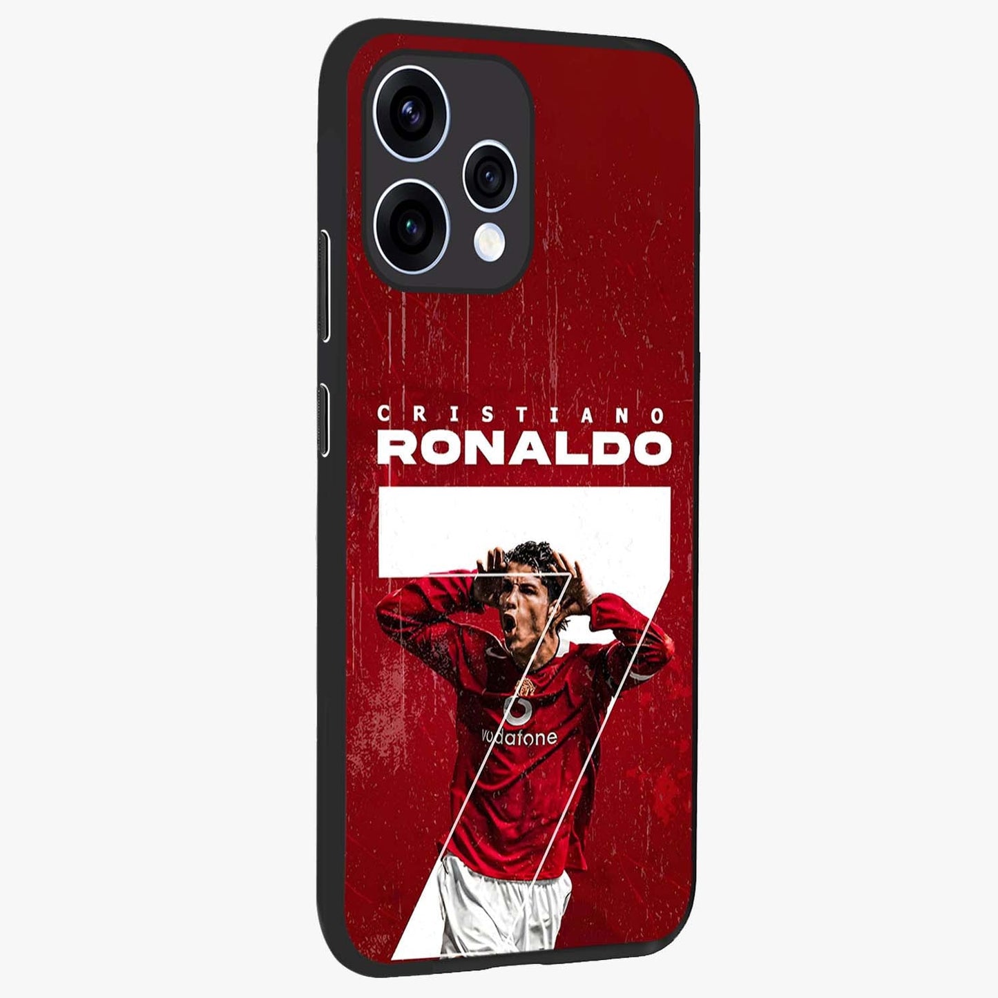 Goal Celebration Legacy Glass Case upright view showcasing dynamic football inspired artwork with victory celebration aesthetic.