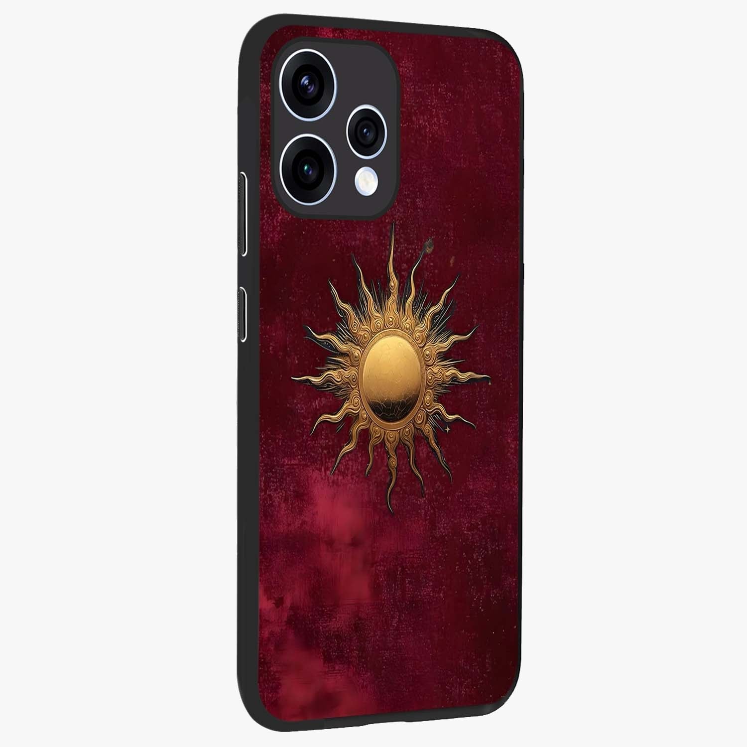 Golden Sun Minimalism Glass Case upright view showcasing simple golden sun artwork with elegant minimalist style.