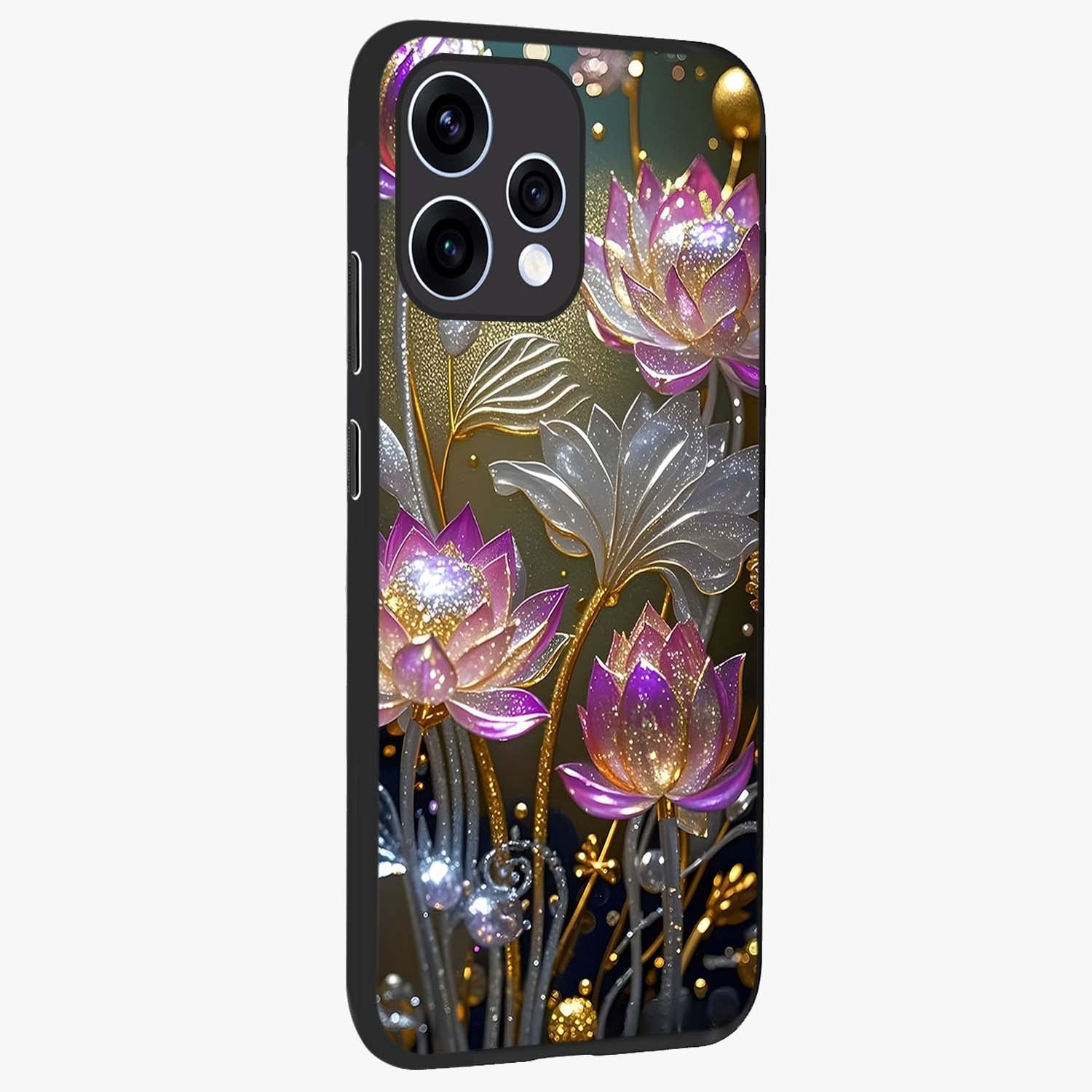 Golden Floral Majesty Glass Case upright view showcasing majestic floral artwork with rich decorative theme.