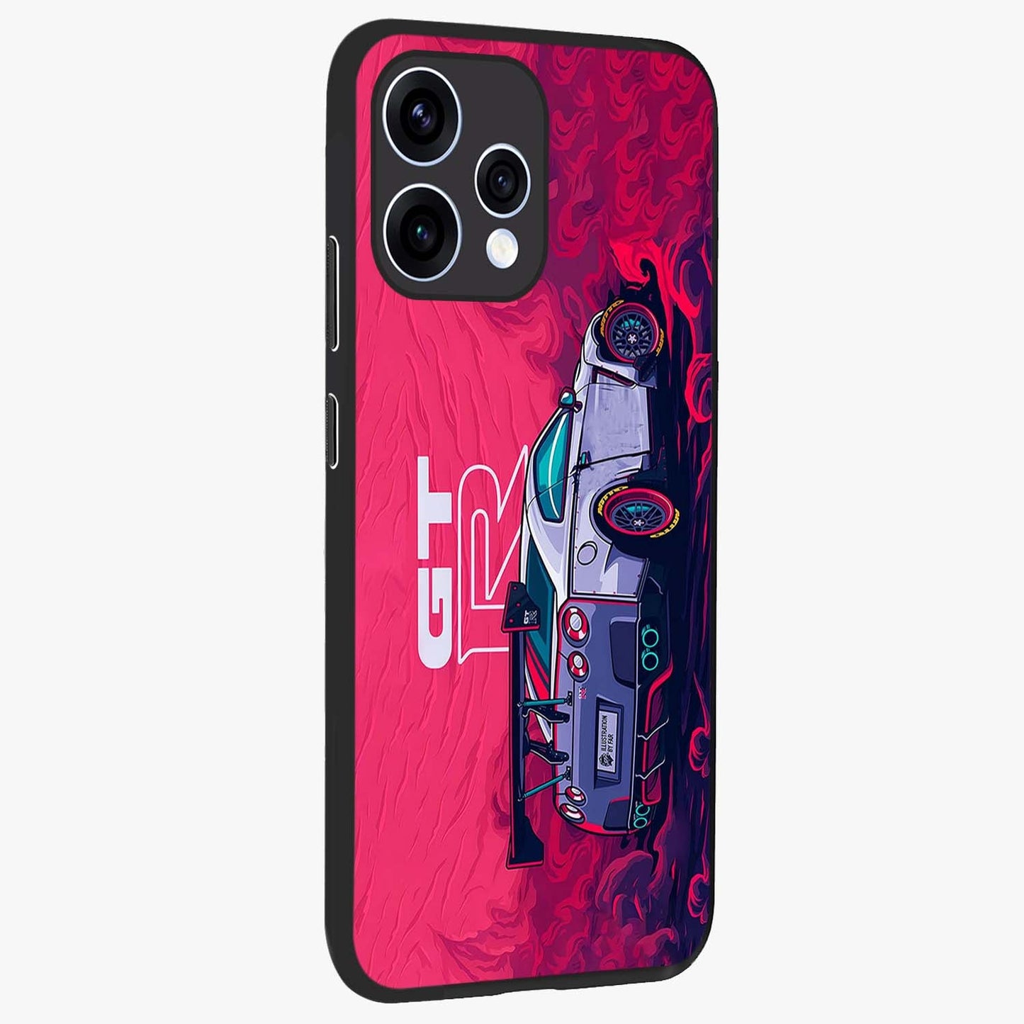 GT-R Car Pattern Glass Case upright view showcasing dynamic car pattern artwork with modern sports theme.