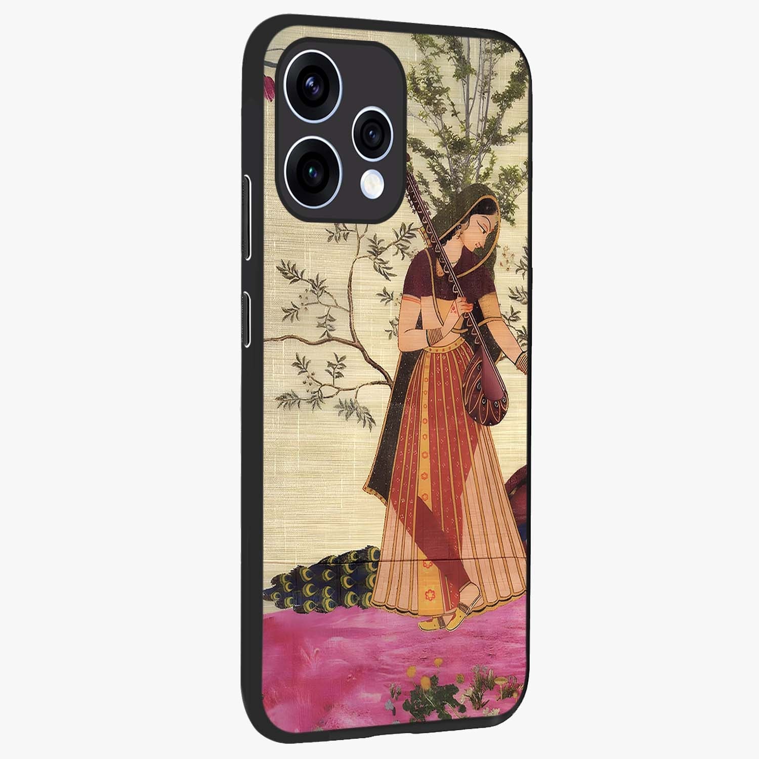 Lady With Veena Art Glass Case upright view showcasing classical veena artwork with traditional artistic theme.