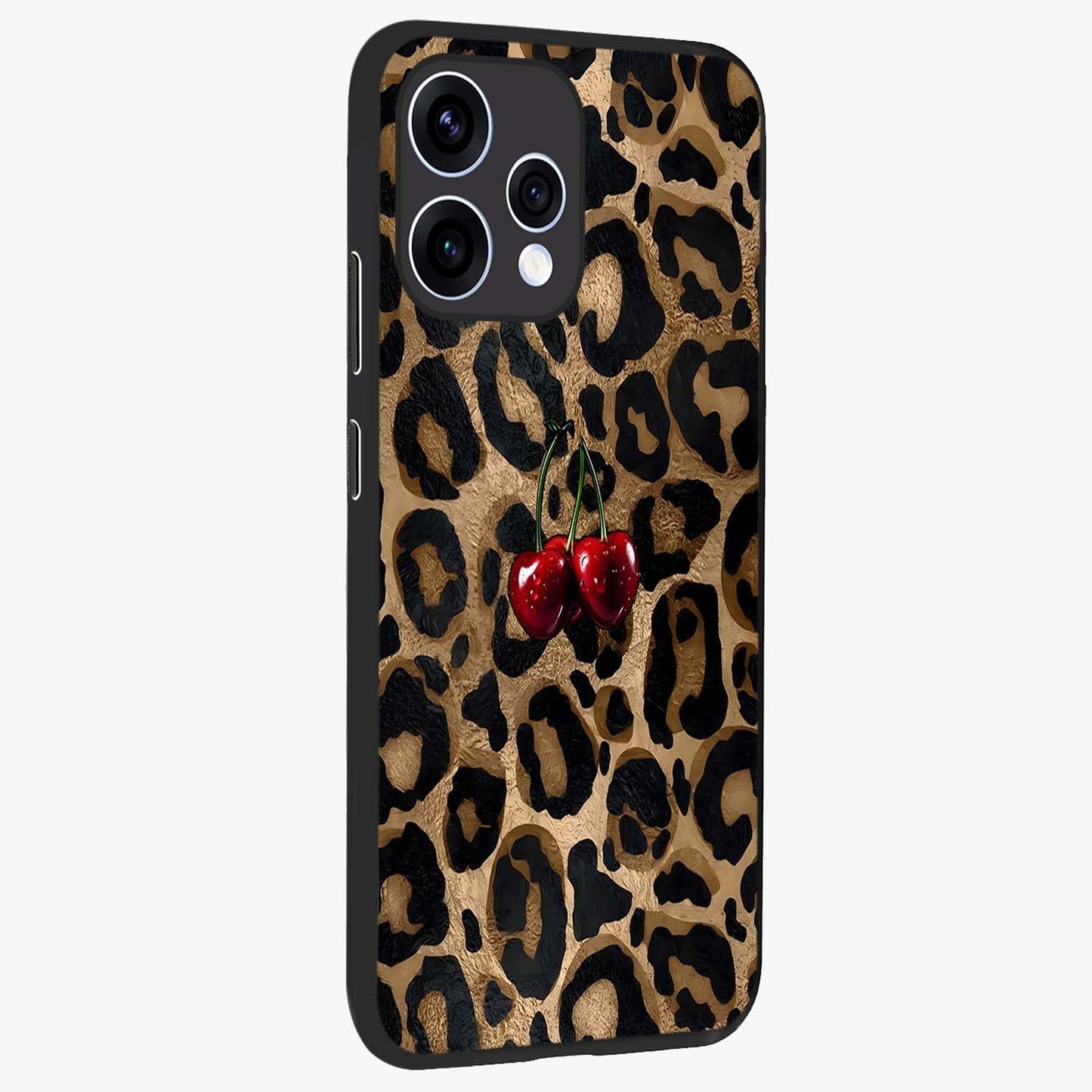 Leopard Wild Cherry Glass Case upright view showcasing stylish leopard pattern artwork with trendy fashion theme.