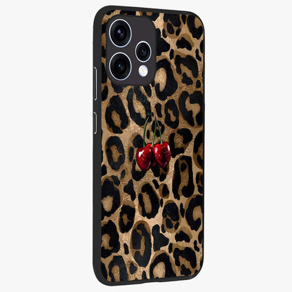 Leopard Wild Cherry Glass Case upright view showcasing stylish leopard pattern artwork with trendy fashion theme.