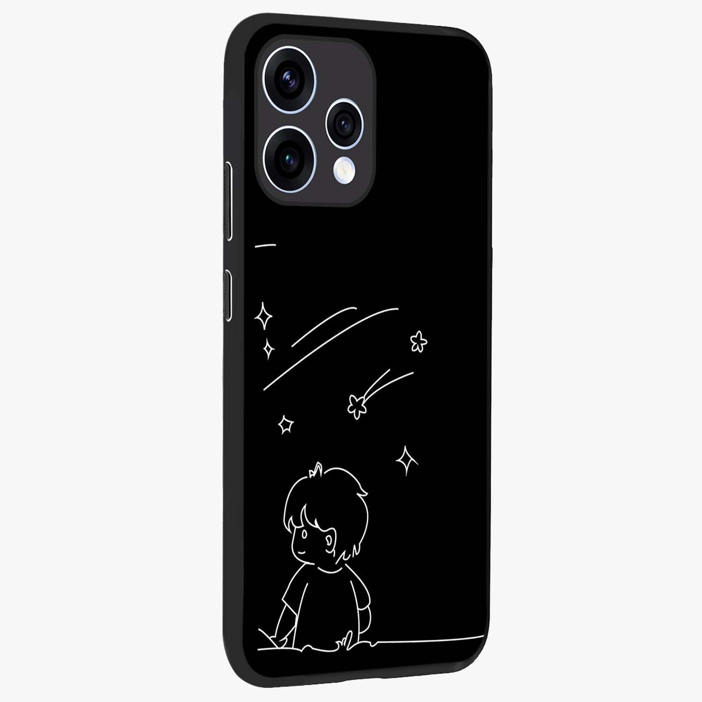 Line Art Boy With Shooting Stars Glass Case upright view showcasing artistic shooting star illustration with minimal style.