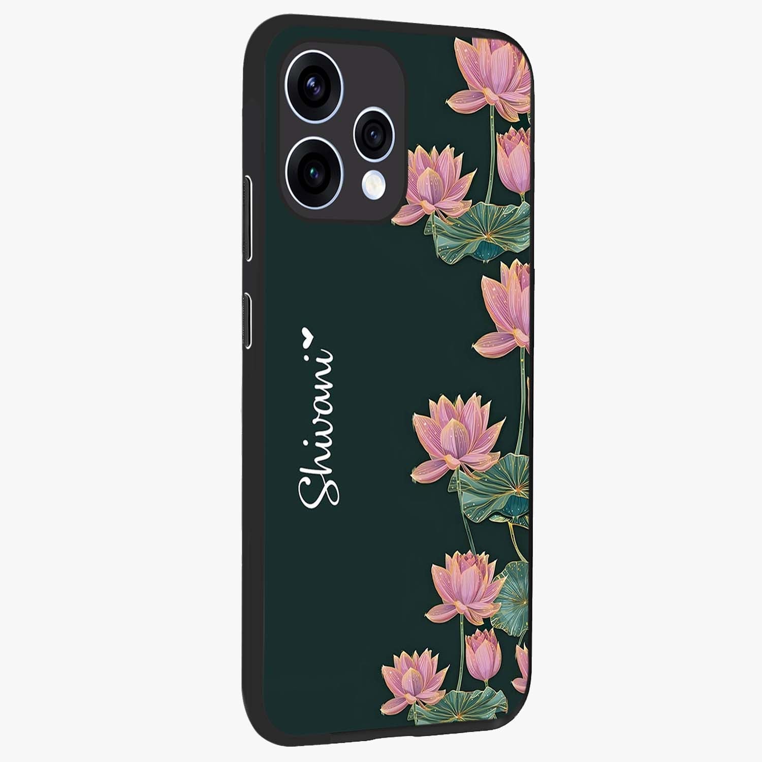 Lotus Bloom Serenity Custom Name Glass Case upright view showcasing serene lotus bloom artwork with personalized floral aesthetic.