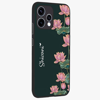 Lotus Bloom Serenity Custom Name Glass Case upright view showcasing serene lotus bloom artwork with personalized floral aesthetic.