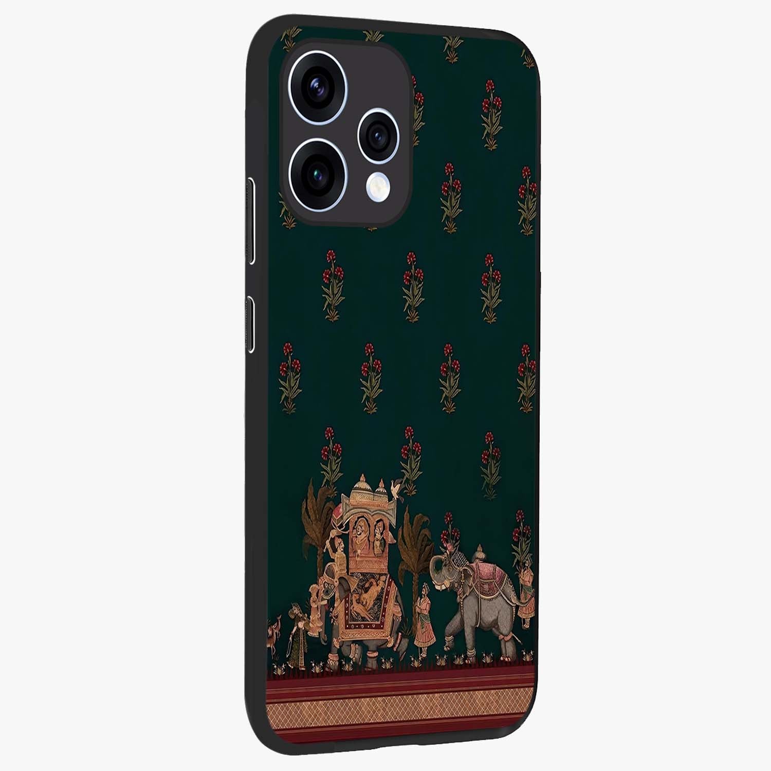 Macmerise Glass Case upright view showcasing bold artistic artwork with contemporary design theme.