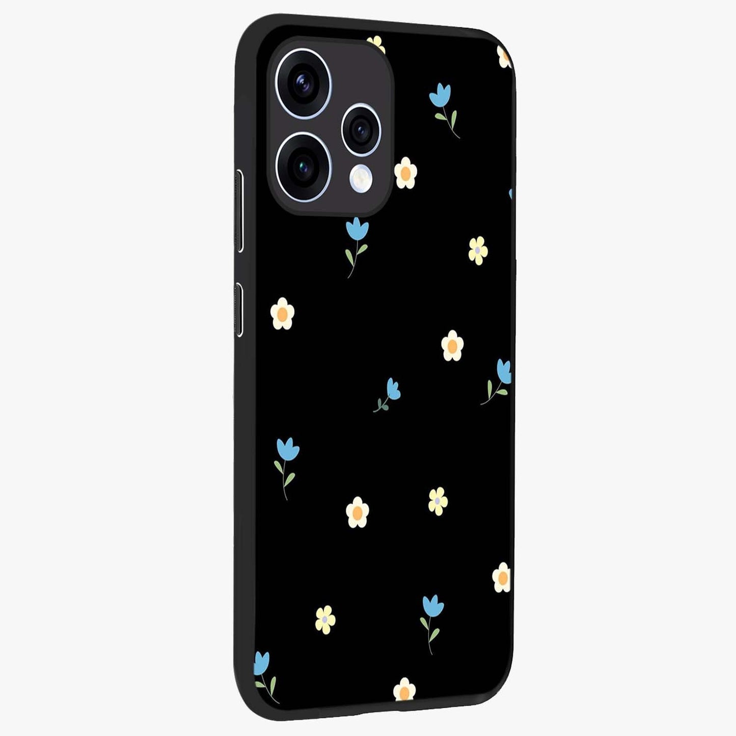 Minimal Petal Whispers Glass Case upright view showcasing elegant floral artwork with modern minimalist style.