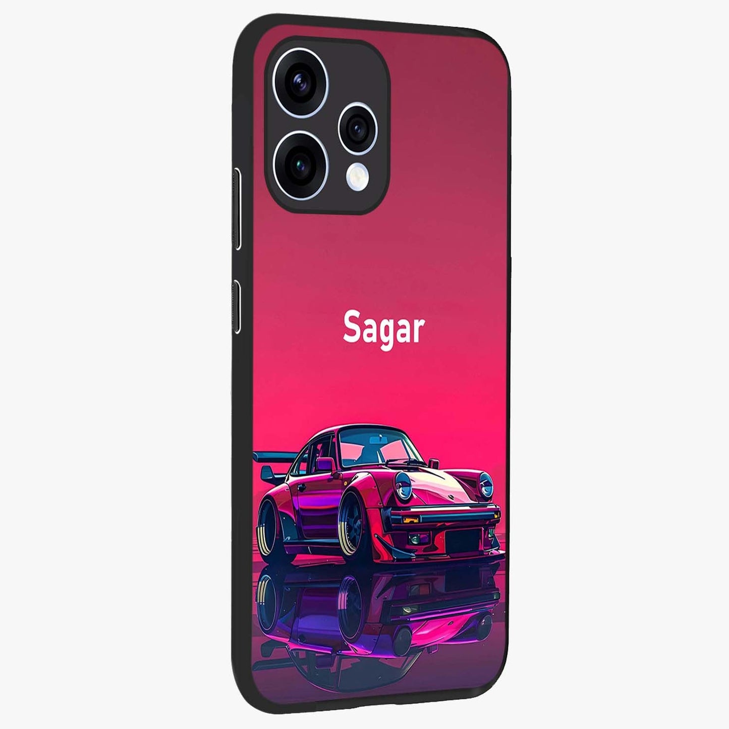 Neon Pink Porsche Glass Case upright view showcasing vibrant sports car artwork with bold automotive theme.