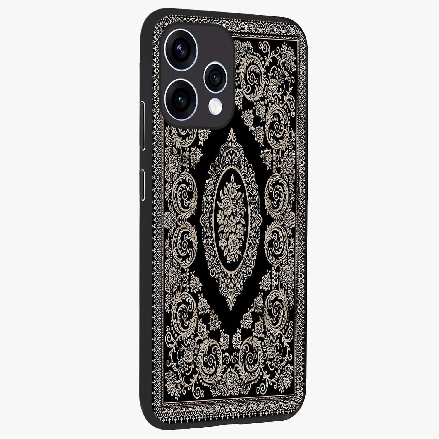 Noir Bloom Elegance Glass Case upright view showcasing graceful floral artwork with luxurious dark theme.