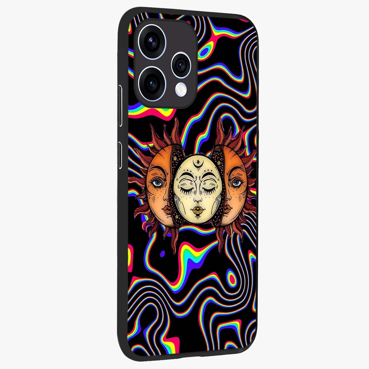 Psychedelic Sun Glass Case upright view showcasing trippy sun artwork with bold psychedelic theme.