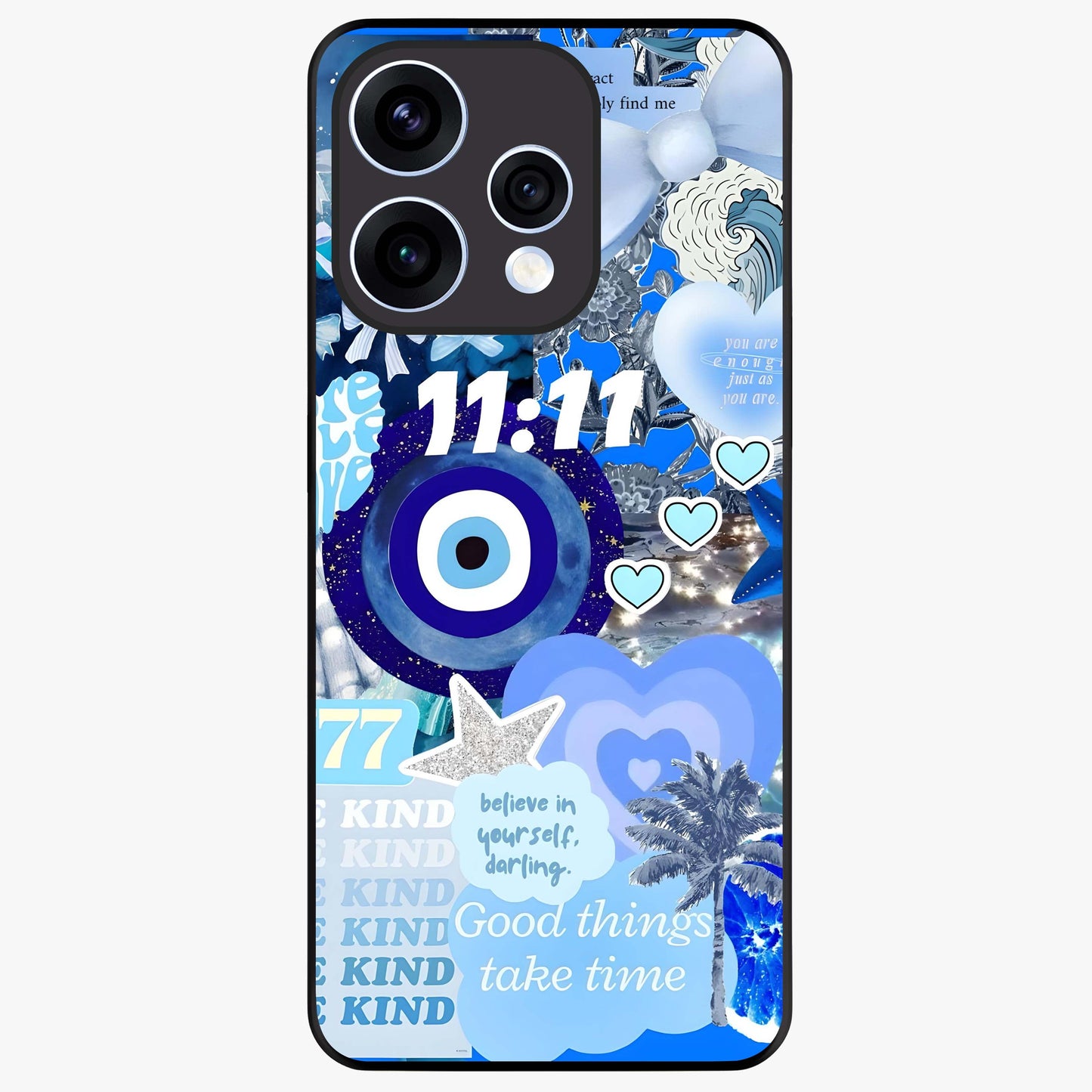 Aesthetic Be Kind Eye Glass Case showing flat back view with motivational eye artwork and glossy glass finish.