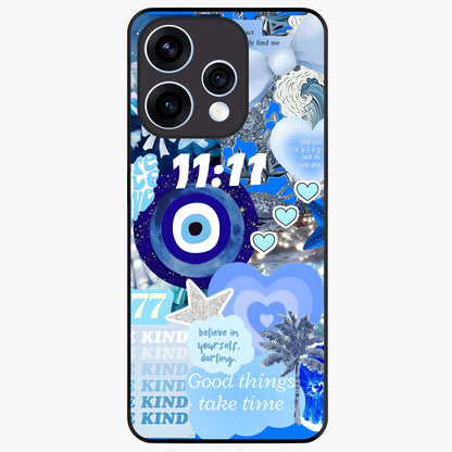 Aesthetic Be Kind Eye Glass Case showing flat back view with motivational eye artwork and glossy glass finish.