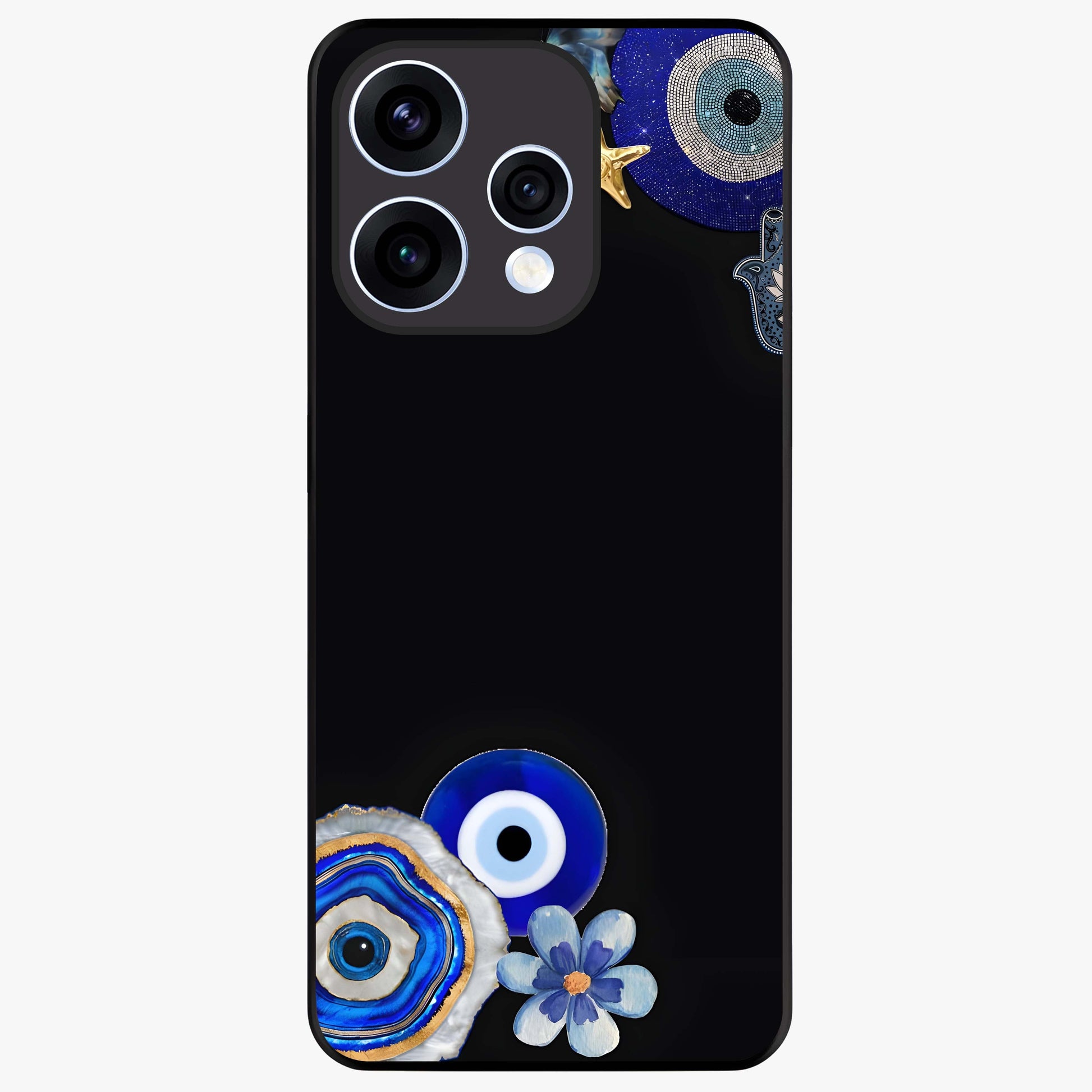 Aesthetic Blue Evil Eye Glass Case showing flat back view with protective evil eye artwork and glossy glass finish.