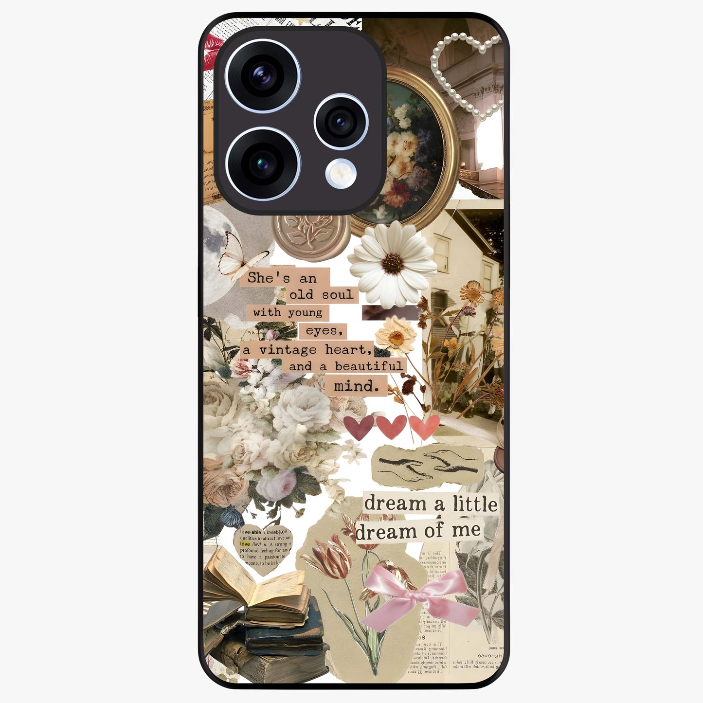 Aesthetic Brown Vintage Collage Glass Case showing flat back view with retro collage artwork and glossy glass finish.