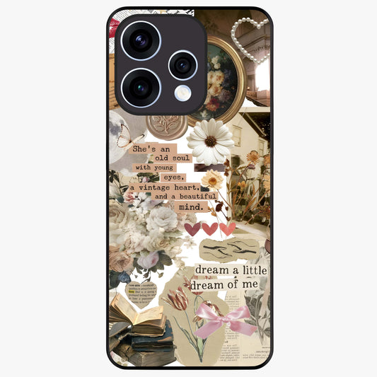 Aesthetic Brown Vintage Collage Glass Case showing flat back view with retro collage artwork and glossy glass finish.
