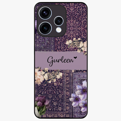 Antique Floral Whisper Custom Name Glass Case showing flat back view with vintage floral artwork and personalized name design.