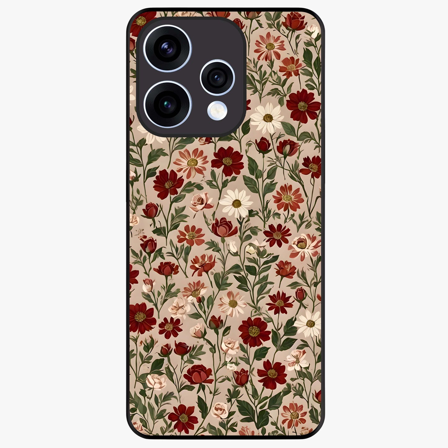 Biege Flower With Leaf Glass Case showing flat back view with soft beige floral artwork and glossy glass finish.