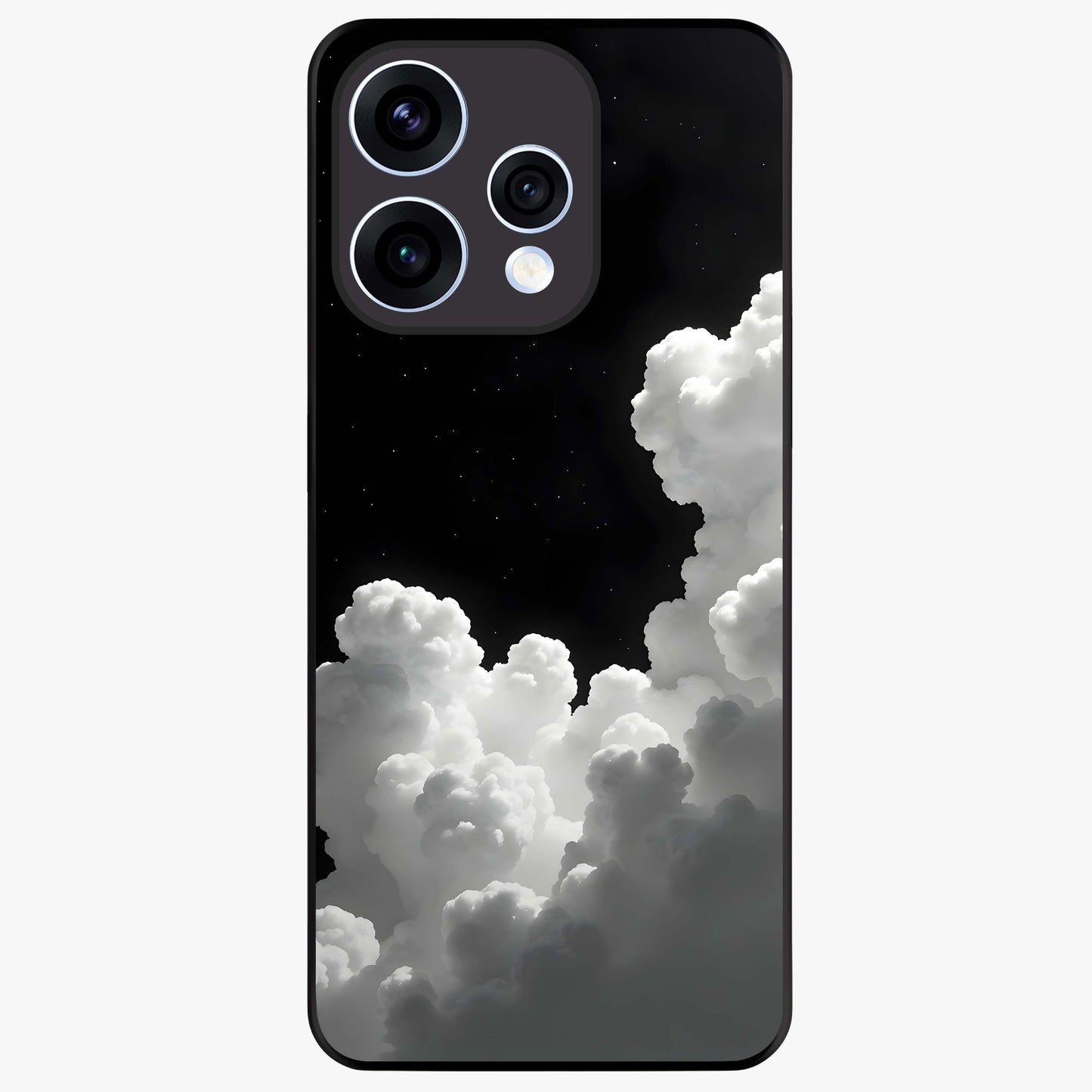 Black Background With White Cloud Glass Case showing flat back view with minimal cloud artwork on dark background and glossy glass finish.