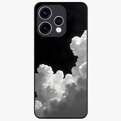 Black Background With White Cloud Glass Case showing flat back view with minimal cloud artwork on dark background and glossy glass finish.
