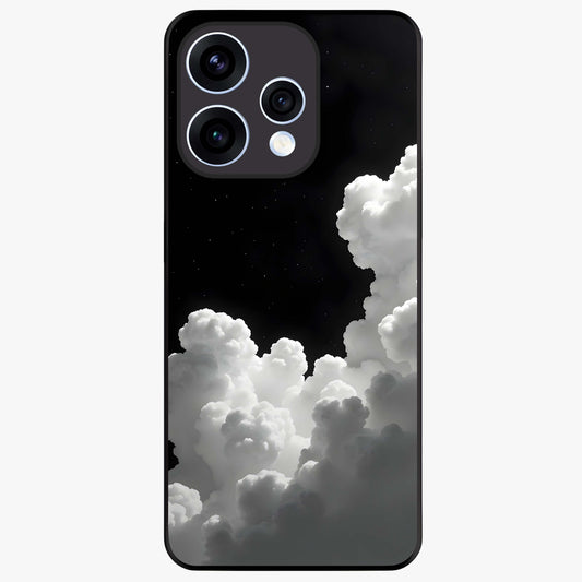 Black Background With White Cloud Glass Case showing flat back view with minimal cloud artwork on dark background and glossy glass finish.
