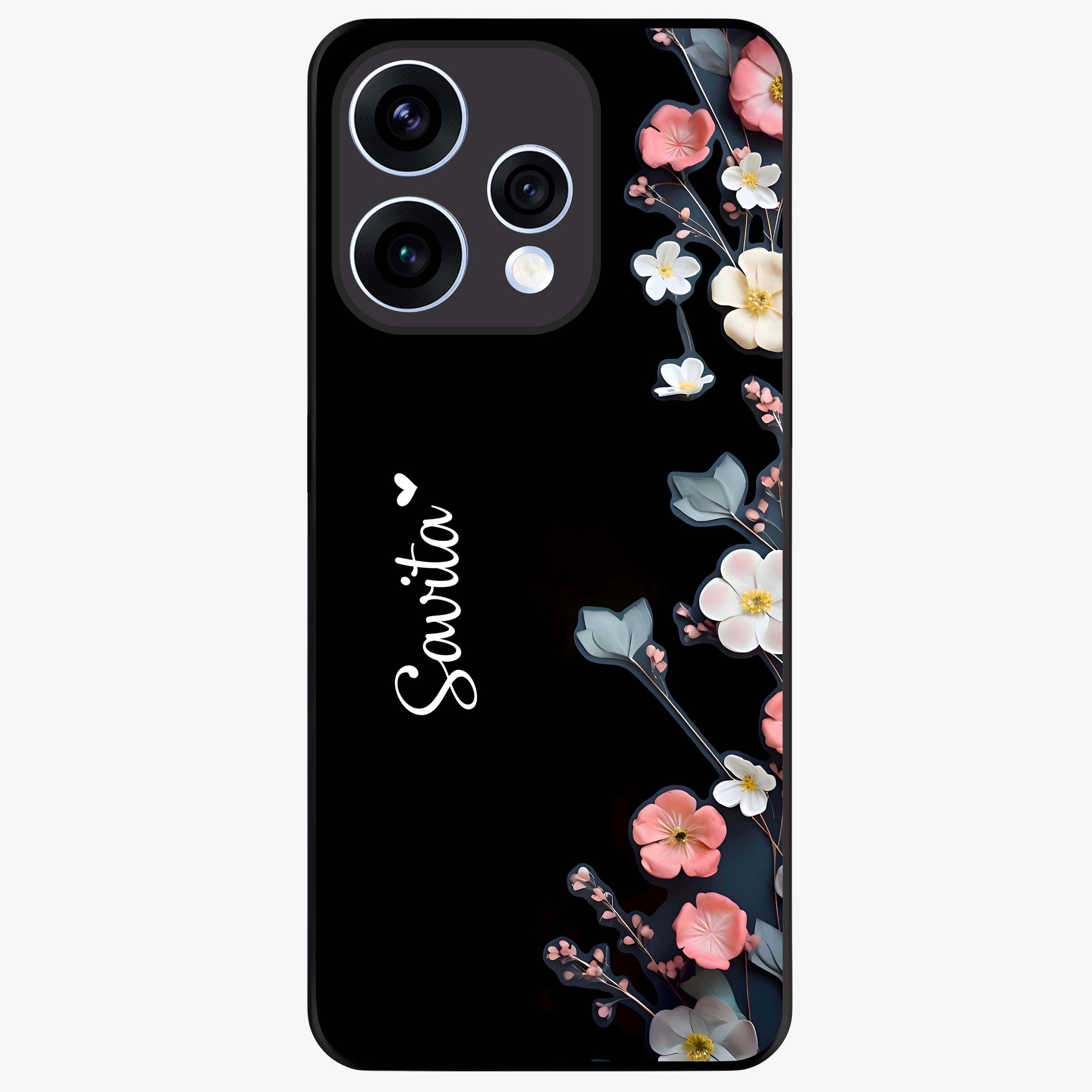 Black Elegance Floral Custom Name Glass Case showing flat back view with elegant floral artwork and personalized name design.