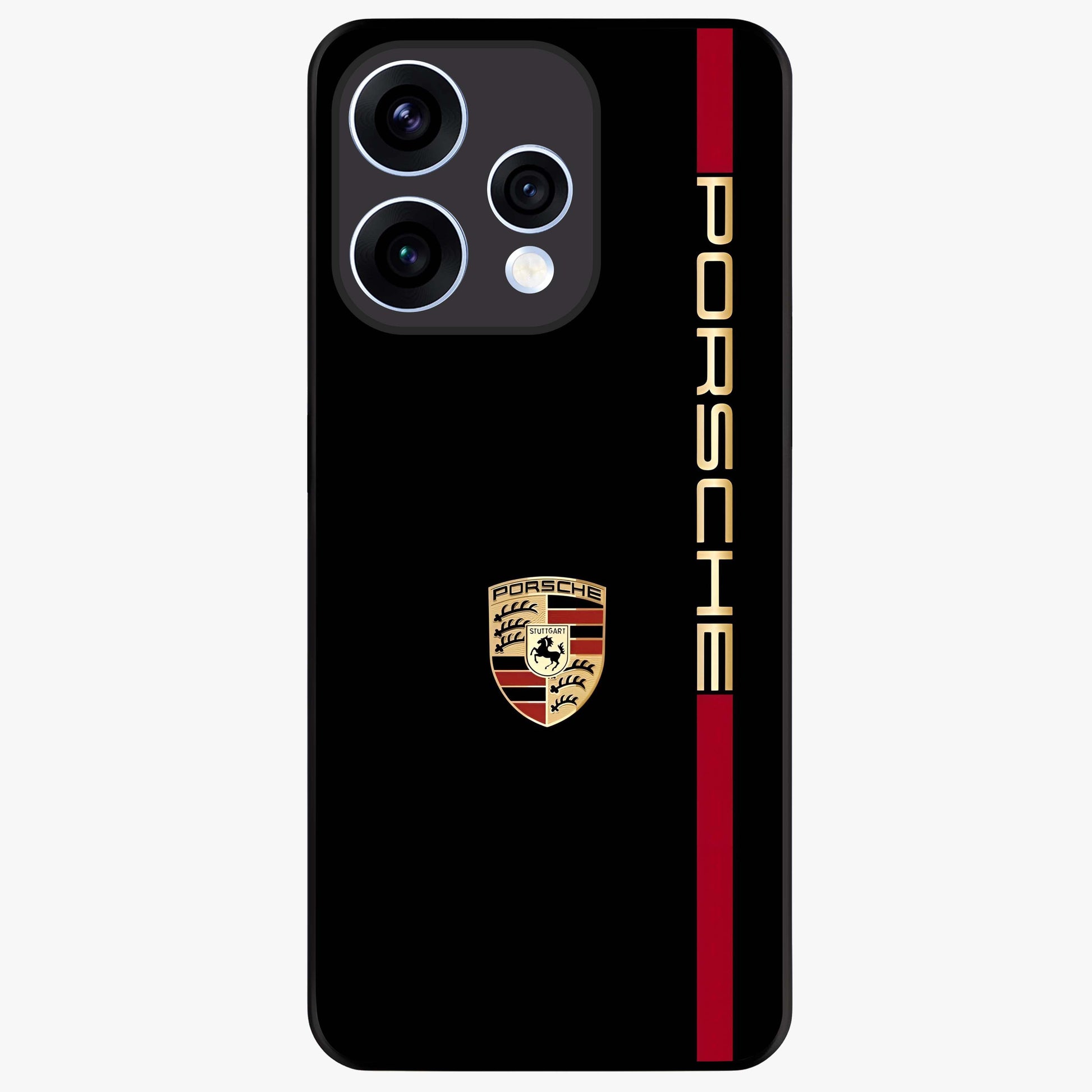 Black Minimal Porsche Glass Case showing flat back view with sleek minimal sports car artwork and glossy glass finish.