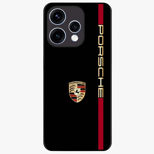 Black Minimal Porsche Glass Case showing flat back view with sleek minimal sports car artwork and glossy glass finish.