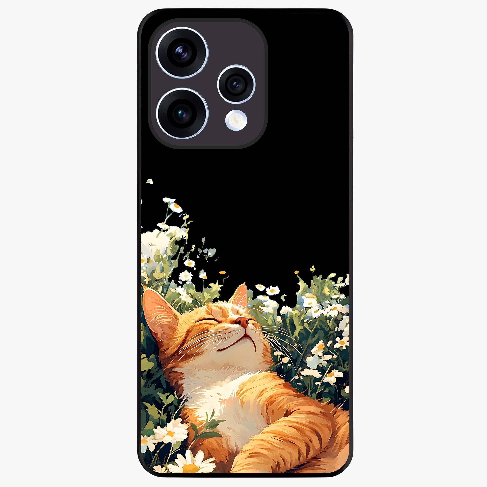 Blissful Bloom Cat Glass Case showing flat back view with cute cat and floral bloom artwork and glossy glass finish.