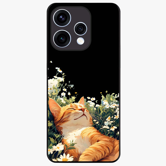 Blissful Bloom Cat Glass Case showing flat back view with cute cat and floral bloom artwork and glossy glass finish.