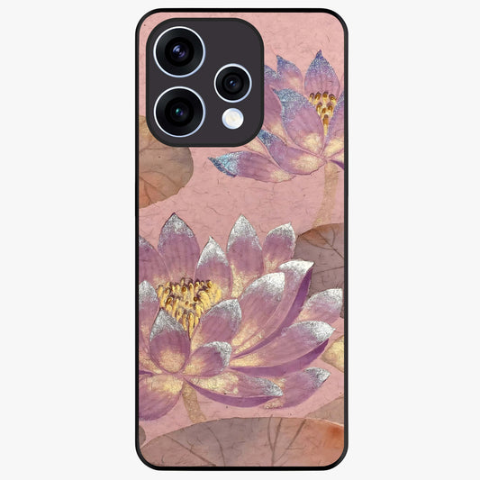 Blossom Mist Lotus Glass Case showing flat back view with serene lotus blossom artwork and glossy glass finish.