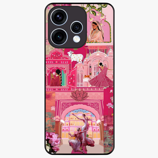 Blossoms of Rajasthan Glass Case showing flat back view with traditional floral artwork inspired by Rajasthan and glossy glass finish.