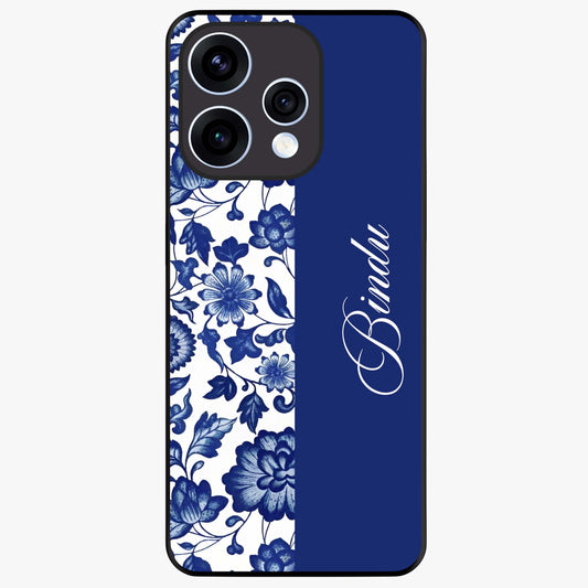 Blue Vintage Floral Pattern Glass Case upright view showcasing timeless floral illustration with vintage inspired style.