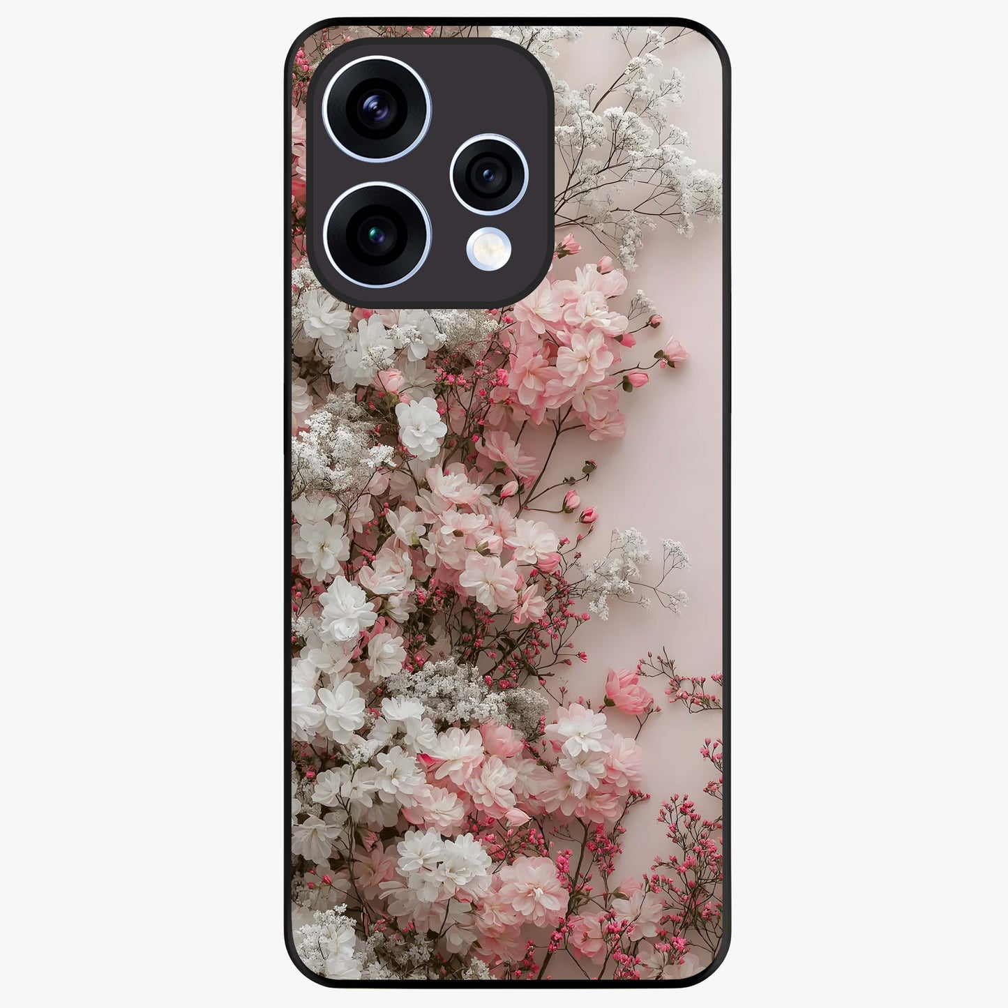 Blush Blossom Cloud Glass Case showing flat back view with dreamy blush cloud blossom artwork and glossy glass finish.