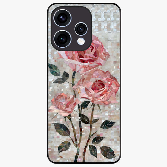 Blush Mosaic Bloom Glass Case showing flat back view with mosaic floral bloom artwork and glossy glass finish.