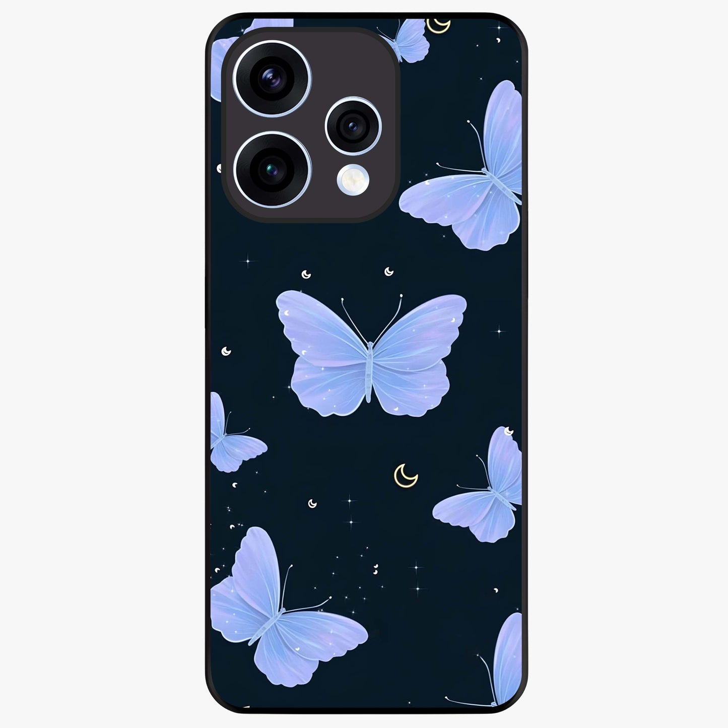 Butterfly With Stars Pattern Glass Case showing flat back view with butterfly and star pattern artwork and glossy glass finish.