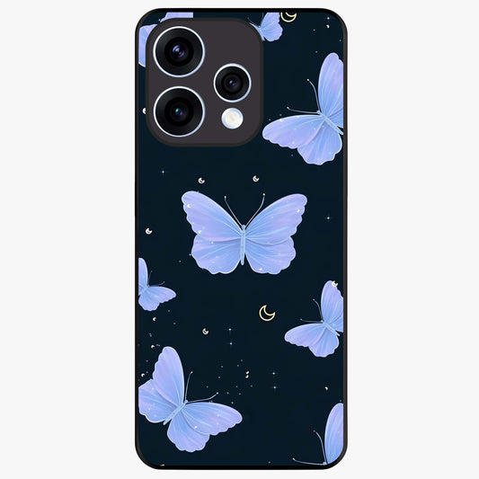 Butterfly With Stars Pattern Glass Case showing flat back view with butterfly and star pattern artwork and glossy glass finish.