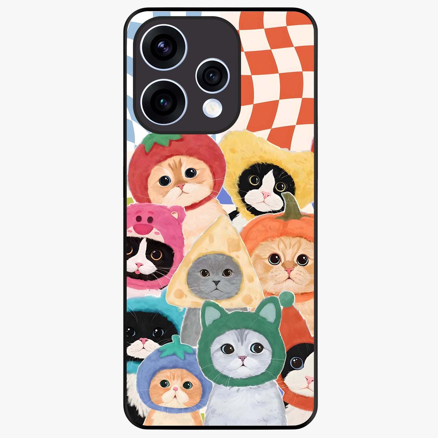 Cats in Fruits Glass Case showing flat back view with playful cat illustrations inside fruit artwork and glossy glass finish.