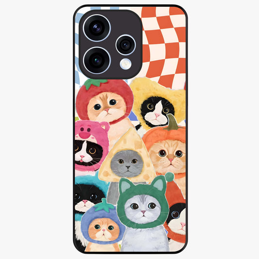 Cats in Fruits Glass Case showing flat back view with playful cat illustrations inside fruit artwork and glossy glass finish.