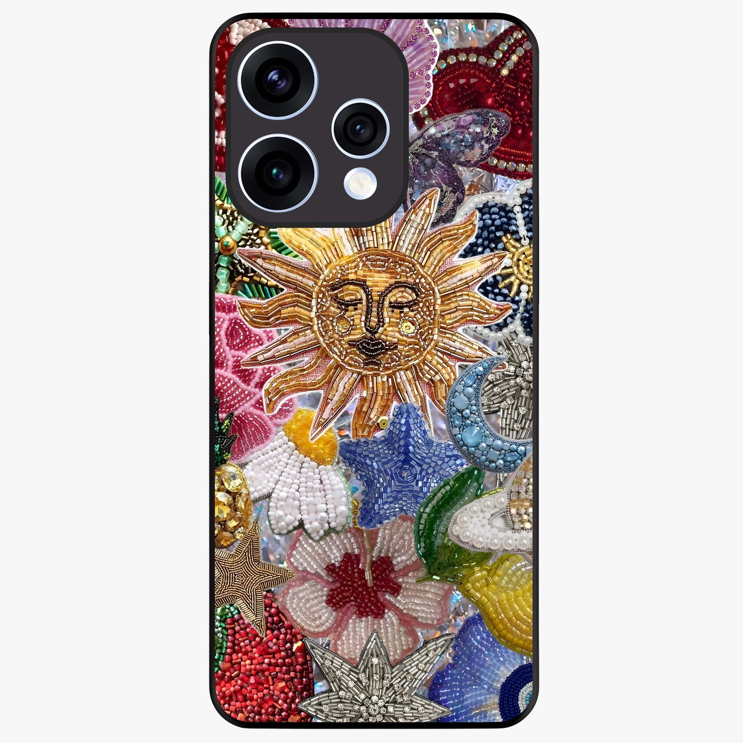 Celestial Floral and Playful Glass Case showing flat back view with floral and celestial themed artwork and glossy glass finish.