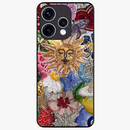 Celestial Floral and Playful Glass Case showing flat back view with floral and celestial themed artwork and glossy glass finish.