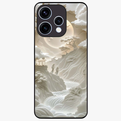 Celestial Origami Glass Case showing flat back view with artistic origami inspired celestial artwork and glossy glass finish.