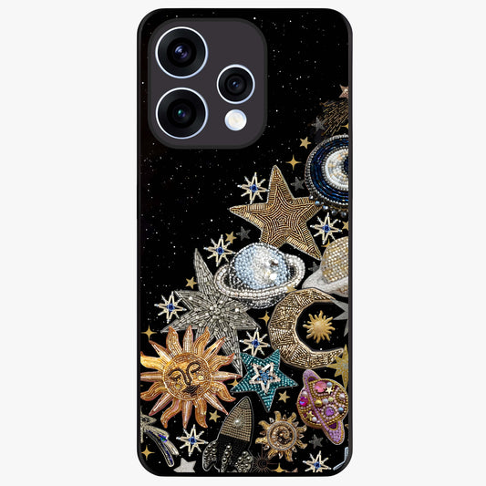 Cosmic Sparkle Dreams Glass Case showing flat back view with sparkling cosmic artwork and glossy glass finish.