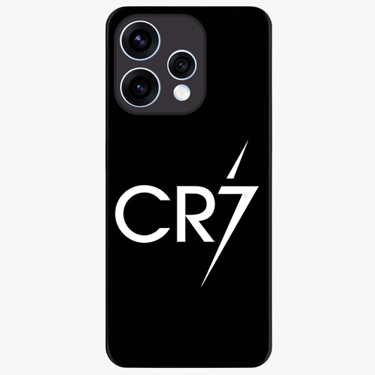 Cr7 Elite Strike Glass Case showing flat back view with dynamic football inspired artwork and glossy glass finish.