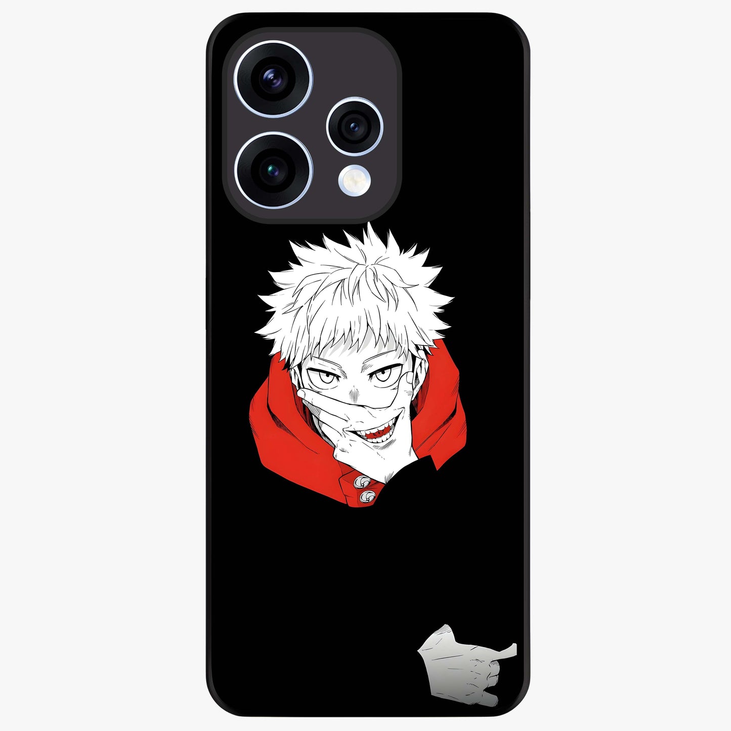 Crimson Chaos Smile Glass Case showing flat back view with bold chaotic smile artwork and glossy glass finish.