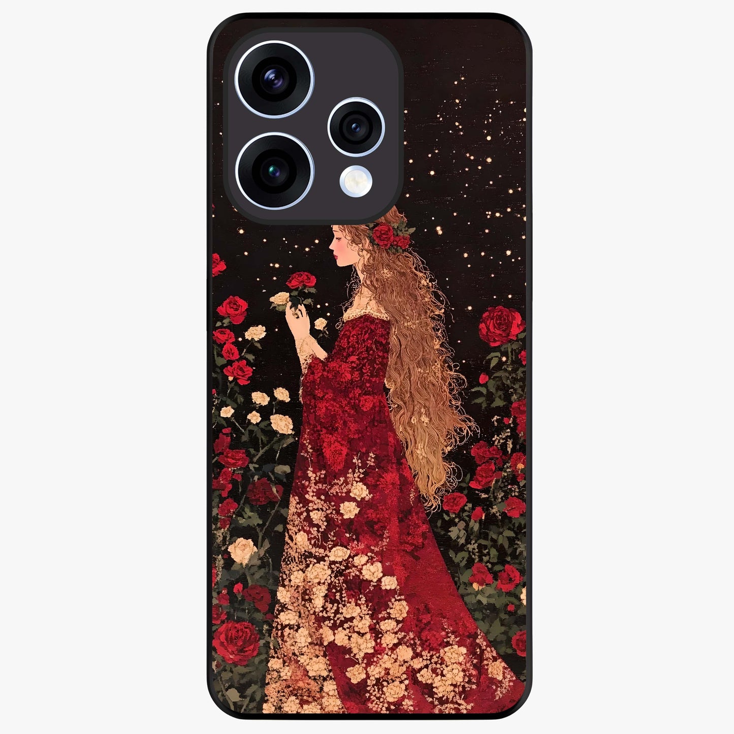 Crimson Dreams Glass Case showing flat back view with dreamy crimson artwork and glossy glass finish.