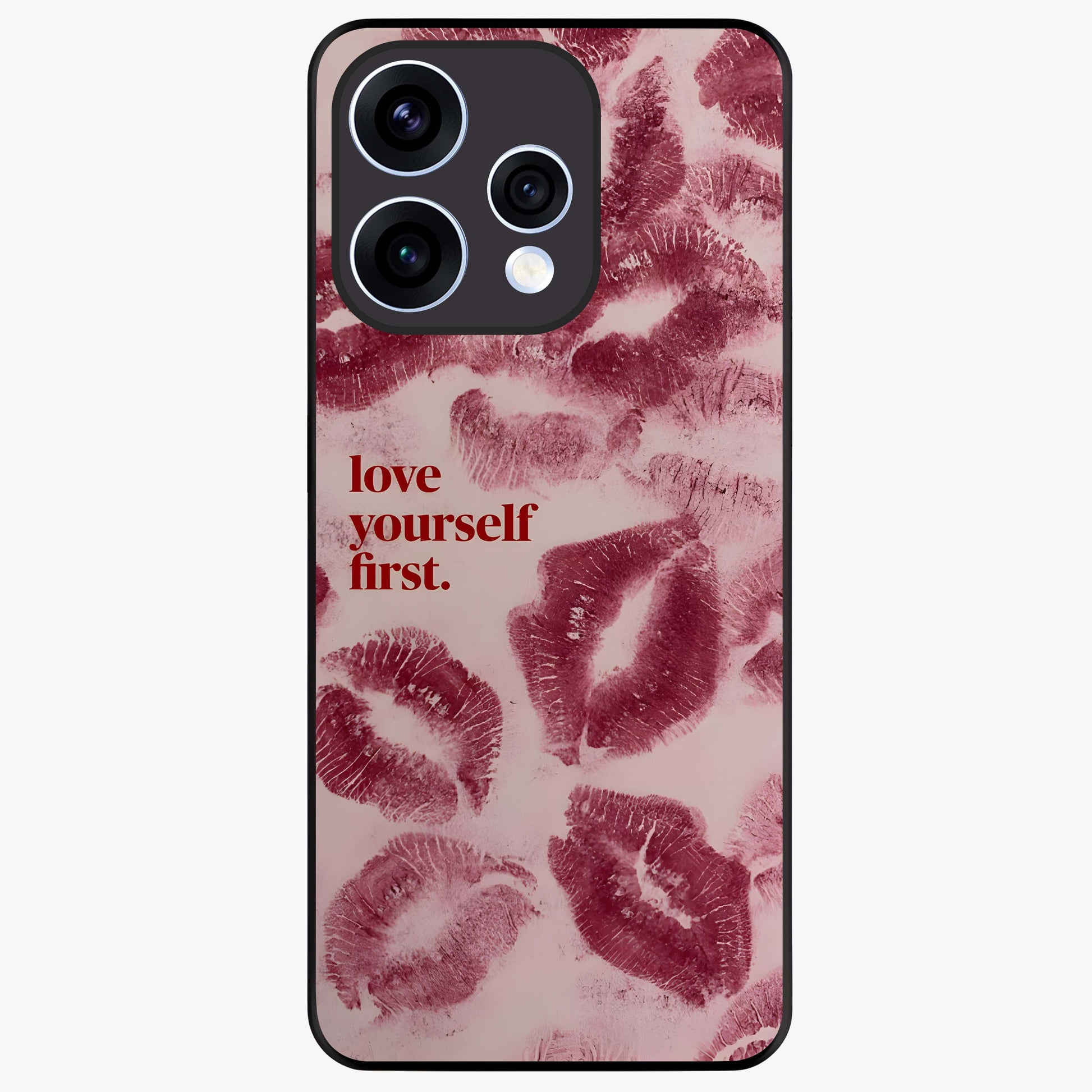 Crimson Kiss Love Glass Case showing flat back view with romantic crimson themed artwork and glossy glass finish.