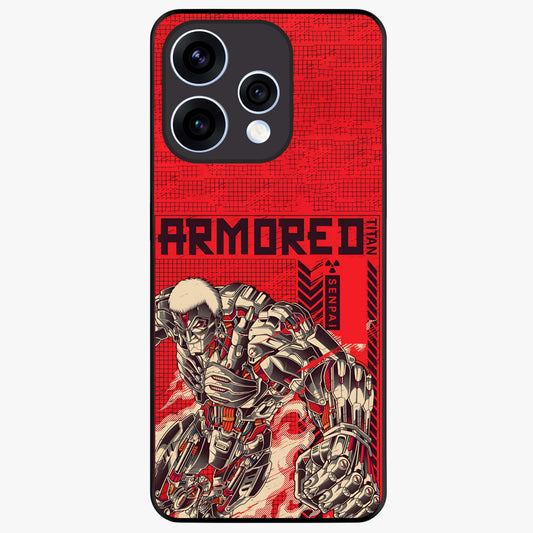 Crimson Mecha Titan Glass Case showing flat back view with powerful mech titan artwork and glossy glass finish.