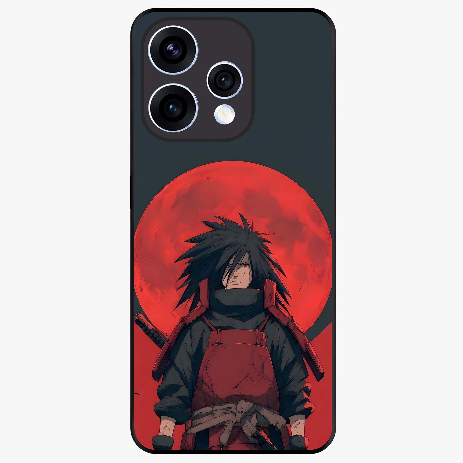 Crimson Moon Warlord Glass Case showing flat back view with mystical moon warrior artwork and glossy glass finish.