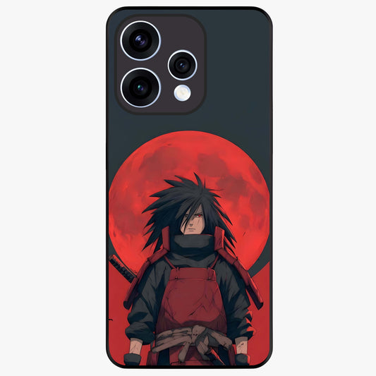 Crimson Moon Warlord Glass Case showing flat back view with mystical moon warrior artwork and glossy glass finish.